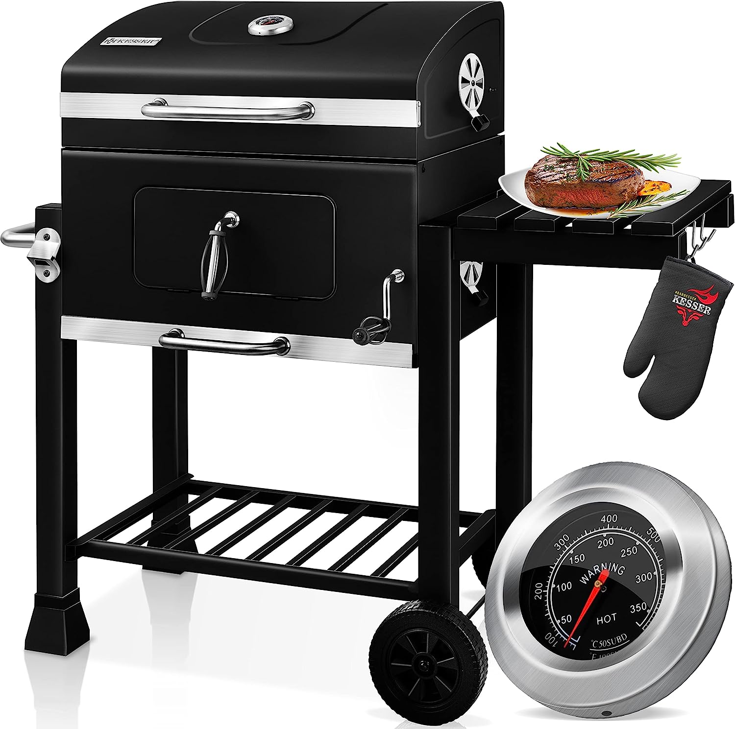 Garden Heavy Duty Offset Smoker Charcoal BBQ Grill with Chimney – Outdoor Trolley Design