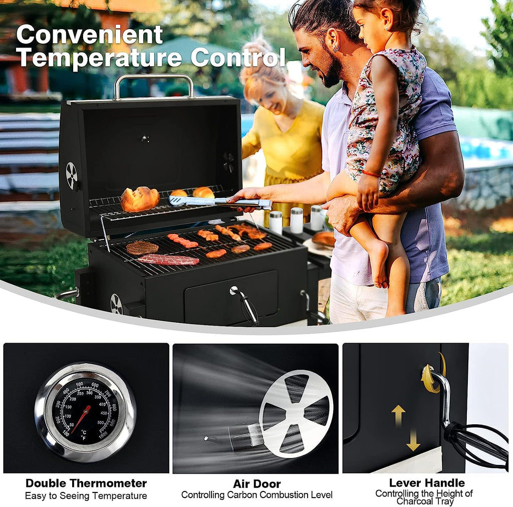 Garden Heavy Duty Offset Smoker Charcoal BBQ Grill with Chimney – Outdoor Trolley Design