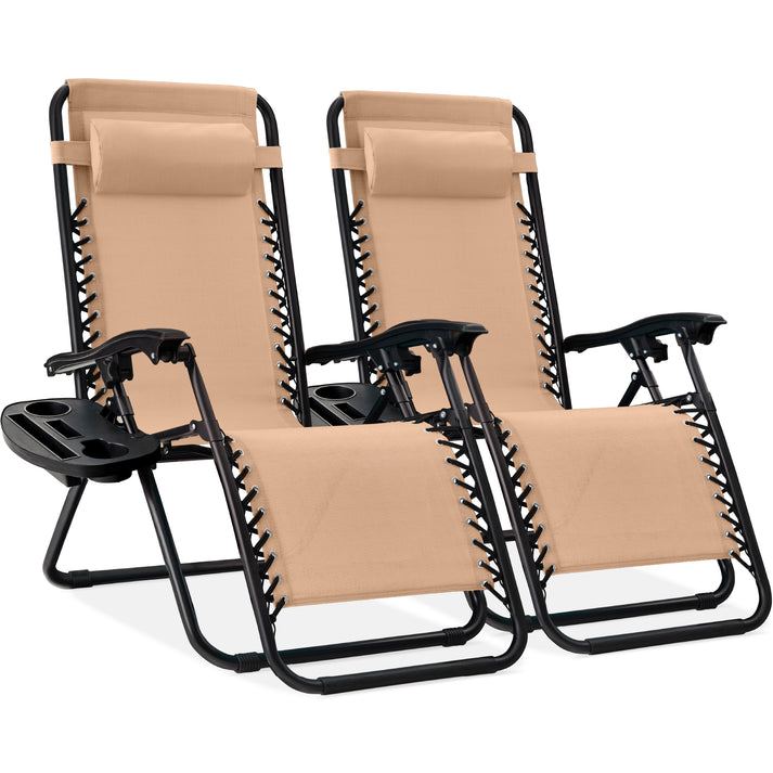 Set of 2 Adjustable Zero Gravity Outdoor Patio Chairs with Cup Holder Trays and Headrests